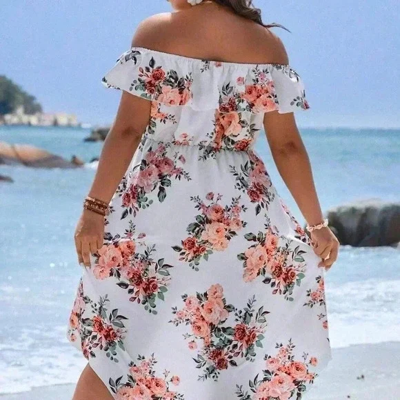 White Boho Women's Plus Size Floral Print Off Shoulder Wrap Hem Dress - Picture 2 of 4